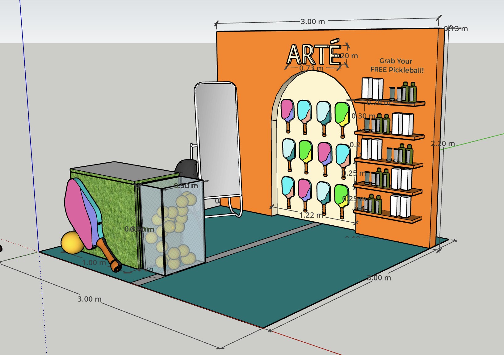3D render of the ARTE pickleball booth: orange back wall, arched paddle display, product shelving and a teal court floor