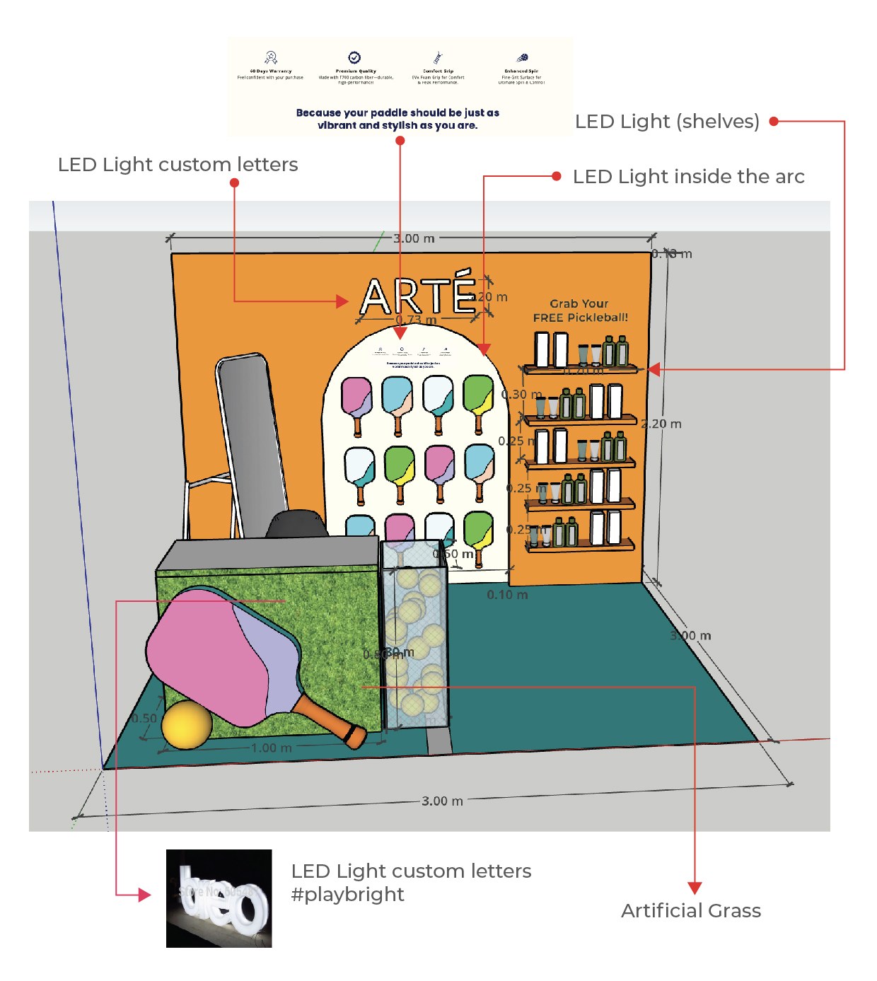 Annotated build specification for the ARTE booth, with LED lighting callouts and millimetre dimensions
