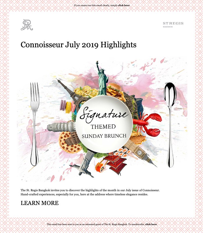 Connoisseur July highlights email, Signature themed Sunday brunch