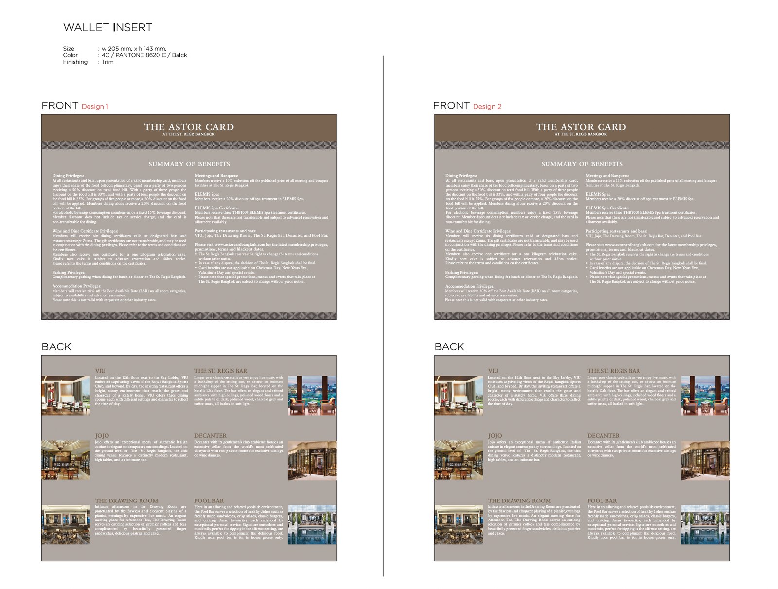 Wallet insert artwork, two front designs and the reverse listing member benefits