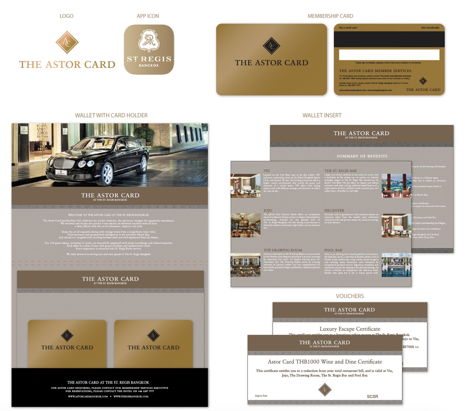 The complete Astor Card collateral system: logo, app icon, membership cards, wallet, inserts and vouchers