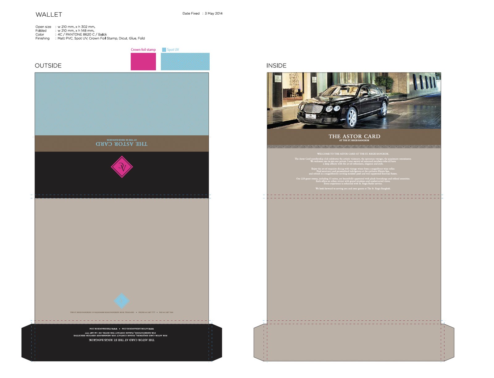 Production artwork for the wallet, showing the dieline with crown foil stamp and spot UV areas marked