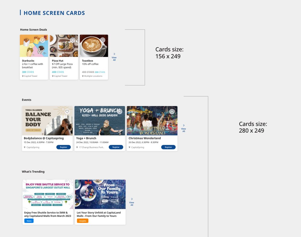 Home screen card specifications for deals, events and trending content, with fixed pixel sizes