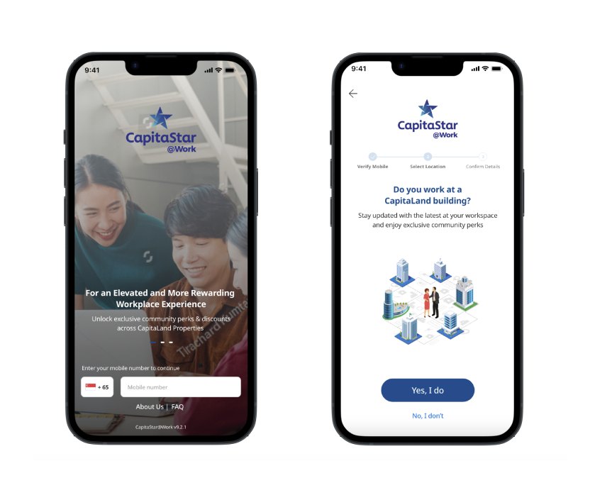 Onboarding screens: animated splash with mobile number entry, and building affiliation confirmation