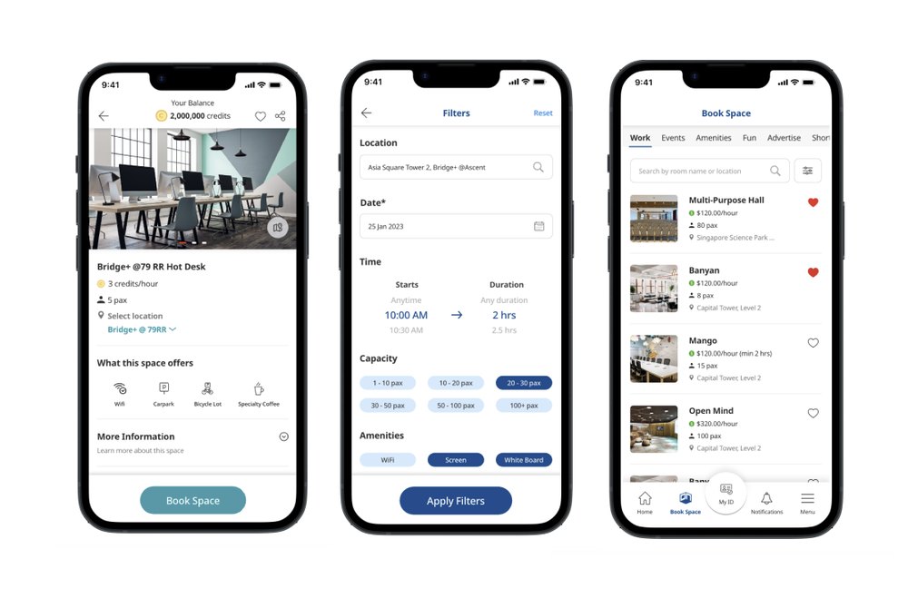 Space booking screens: a hot desk listing, the filter panel, and the room browse view