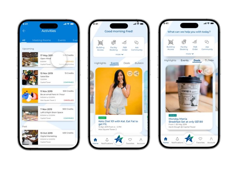 CapitaLand@Work app screens: activities, the home dashboard and deals