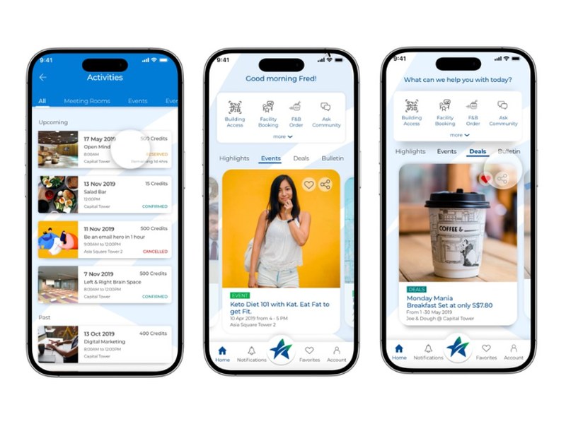 CapitaLand@Work app screens - building access, facility booking and deals