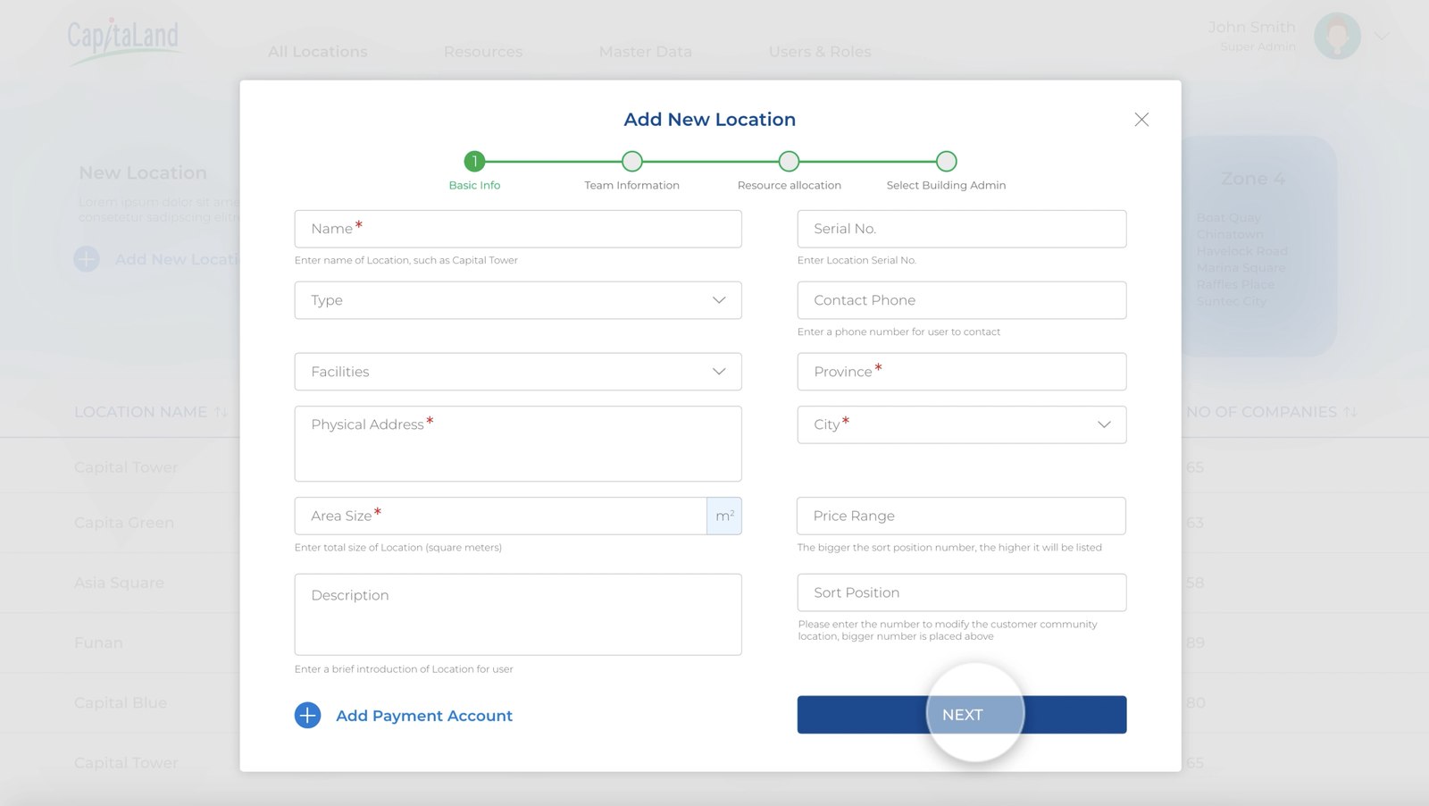 The building admin form for assigning tenants and access rights