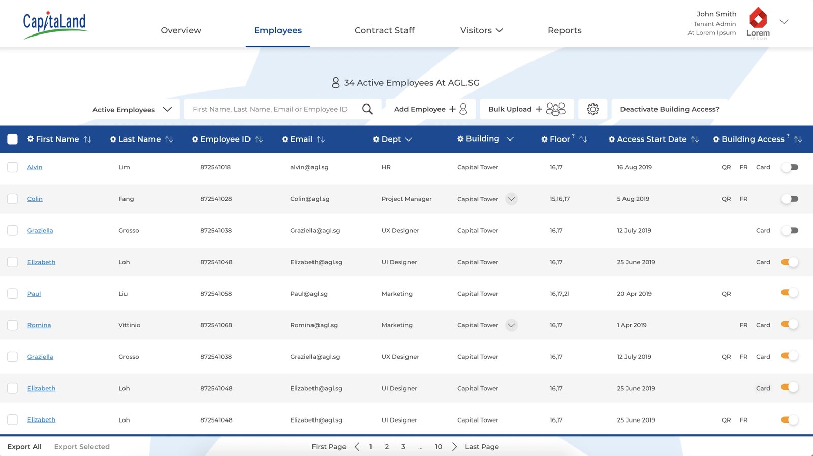 The tenant admin portal employee list, with per-person QR, facial recognition and card access toggles