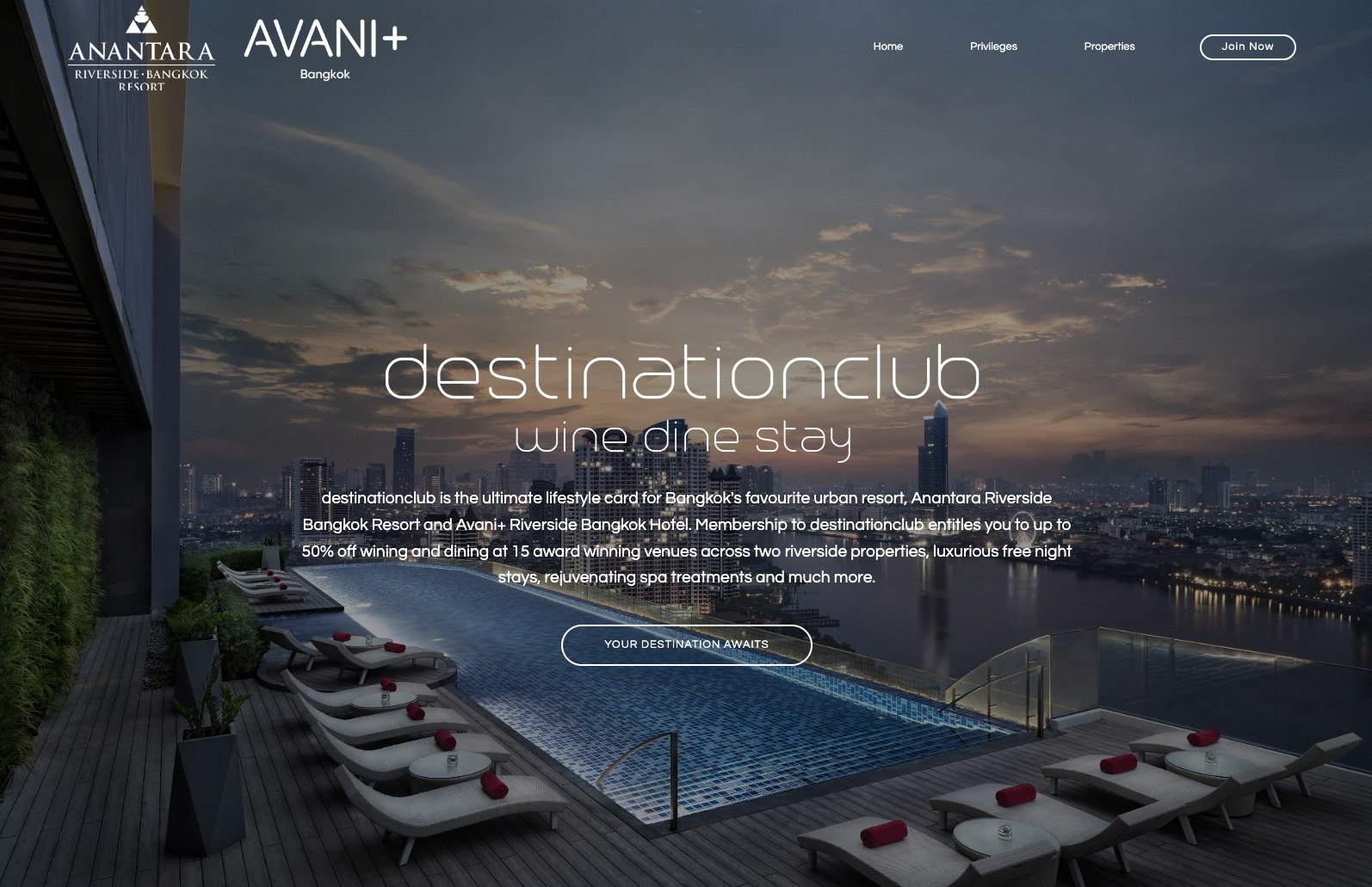 The destinationclub website, over the rooftop pool at Avani+ Riverside Bangkok