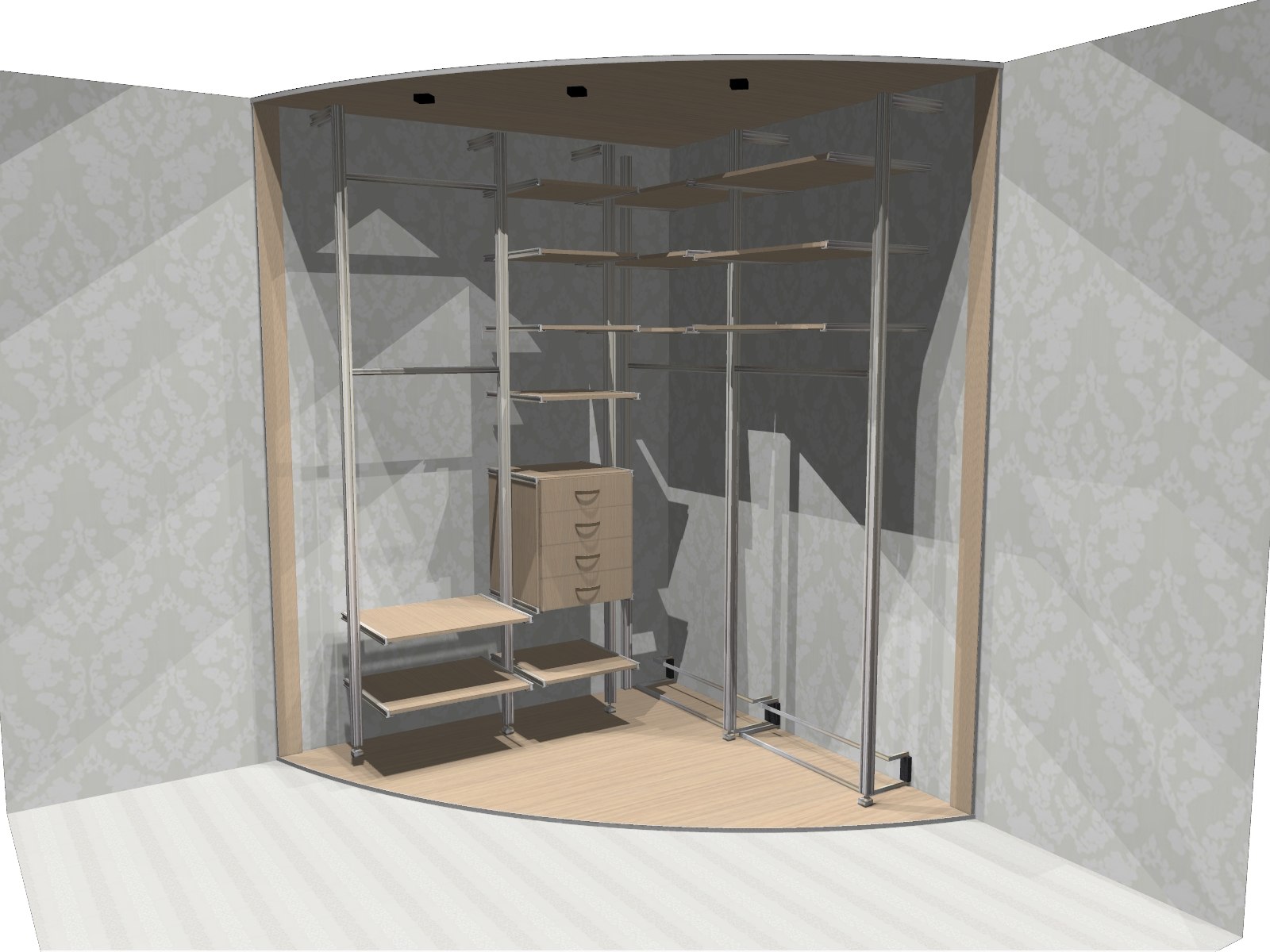3D render of a custom walk-in wardrobe with an aluminium rail system