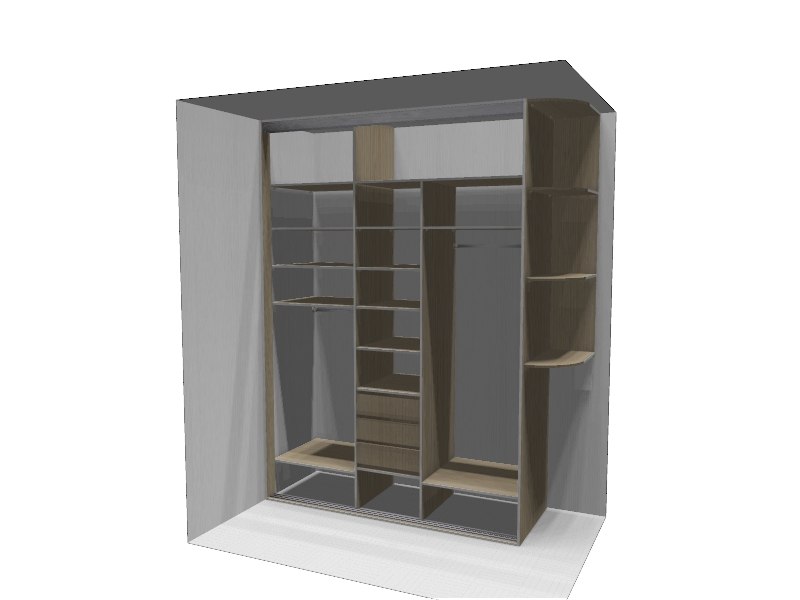 3D render of a wardrobe interior showing the shelving and hanging layout