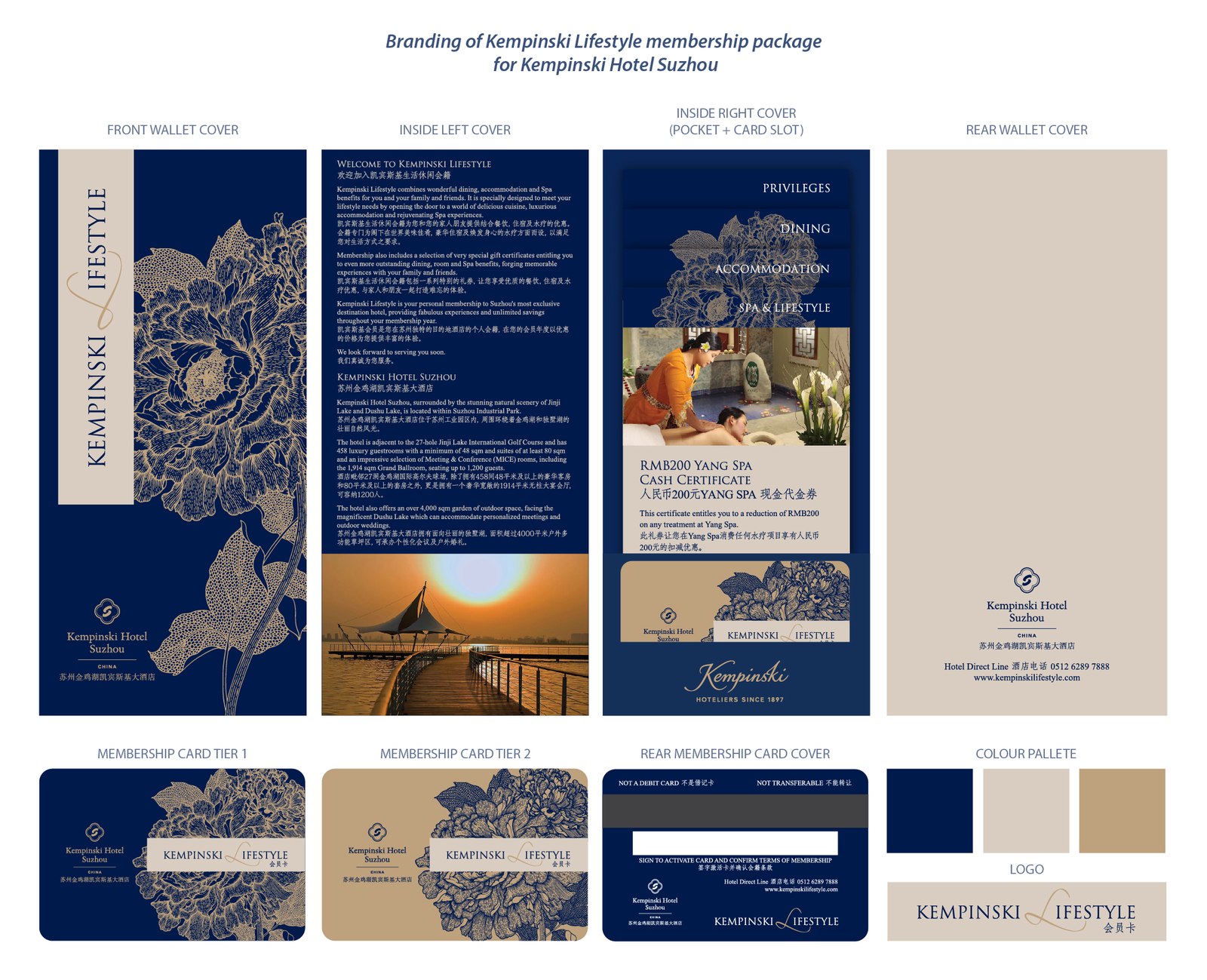 The Kempinski Lifestyle membership package: wallet covers, inside spreads, tiered cards, colour palette and logo