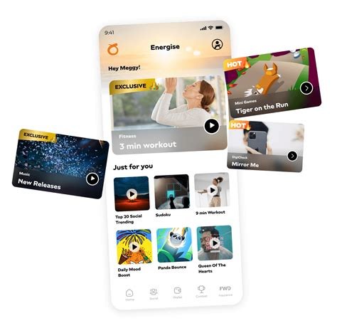 Energise screen with fitness videos, mini-games and curated content cards