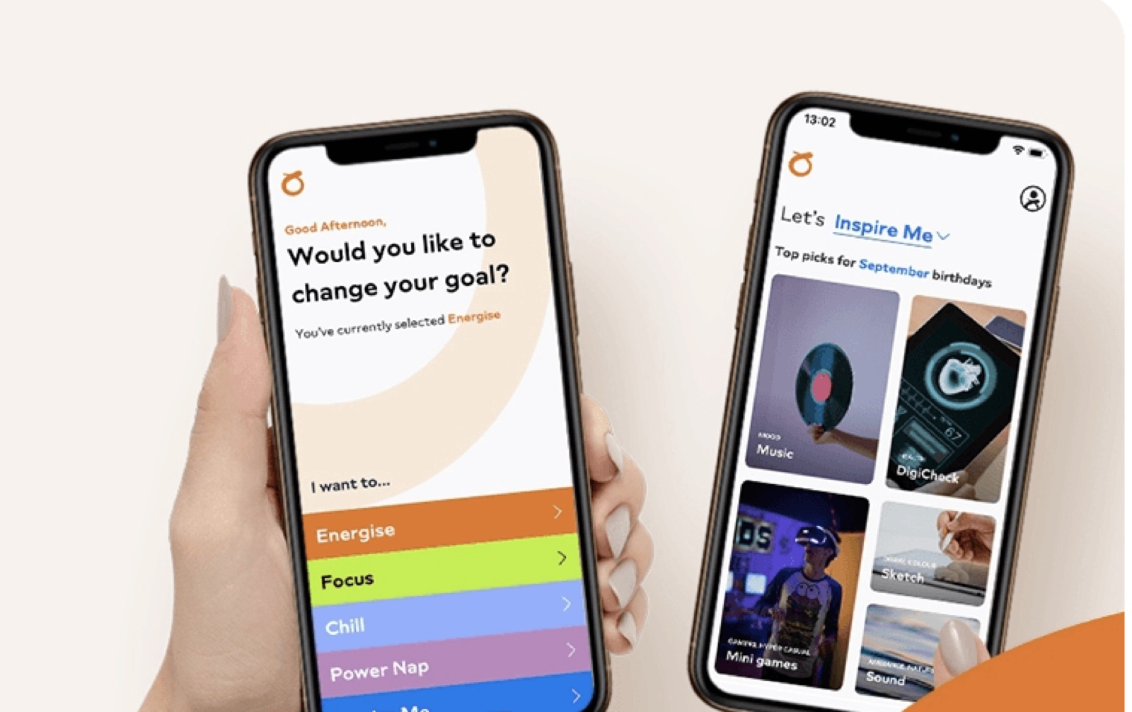 Omne by FWD interface screens showing goal-setting and curated content
