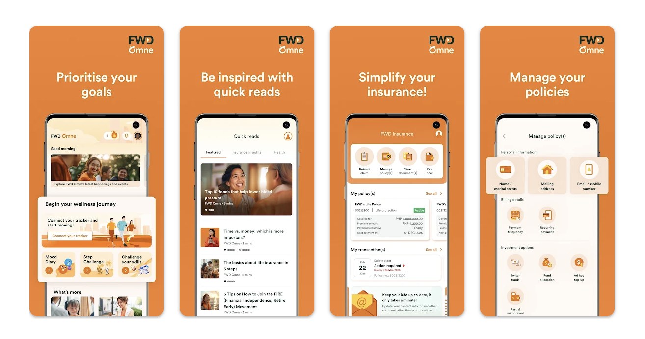 Omne by FWD store screens: prioritise your goals, quick reads, simplify your insurance, manage your policies