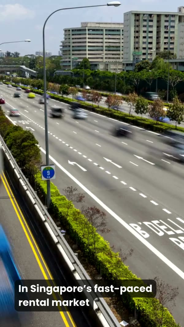 Reel opening on a Singapore expressway, captioned In Singapore's fast-paced rental market