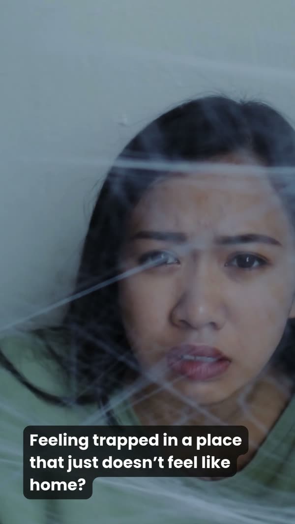 Reel of a tenant behind a cracked pane, captioned Feeling trapped in a place that just doesn't feel like home?