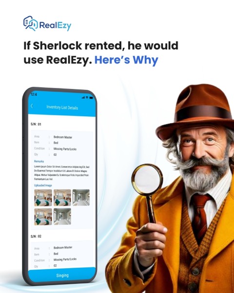 Post headed If Sherlock rented, he would use RealEzy, showing the in-app inventory list
