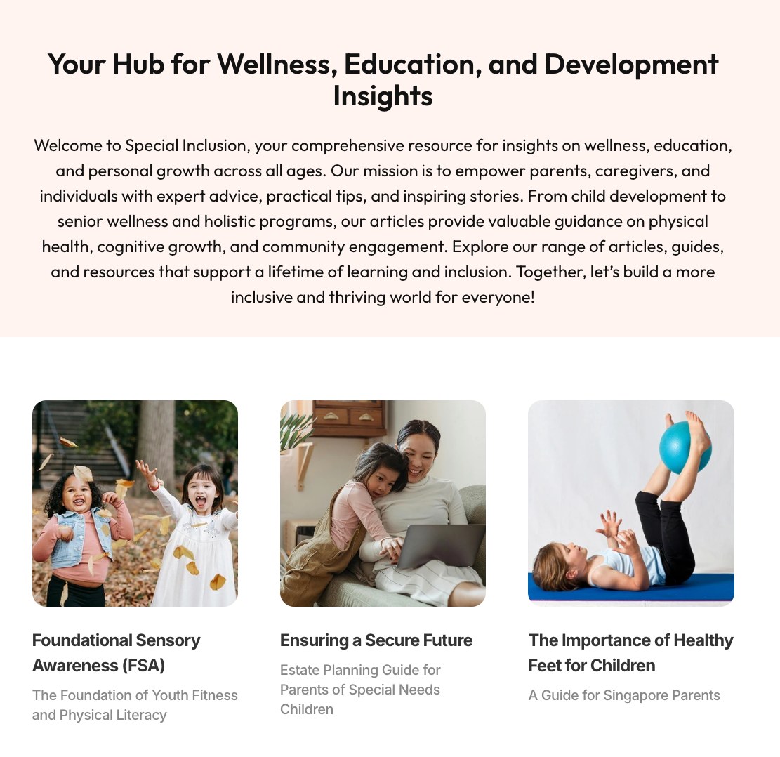 The articles section of the Special Inclusion website