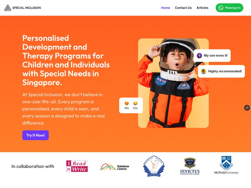The Special Inclusion website - personalised development and therapy programmes