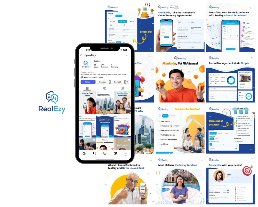 RealEzy social media content grid and Instagram profile