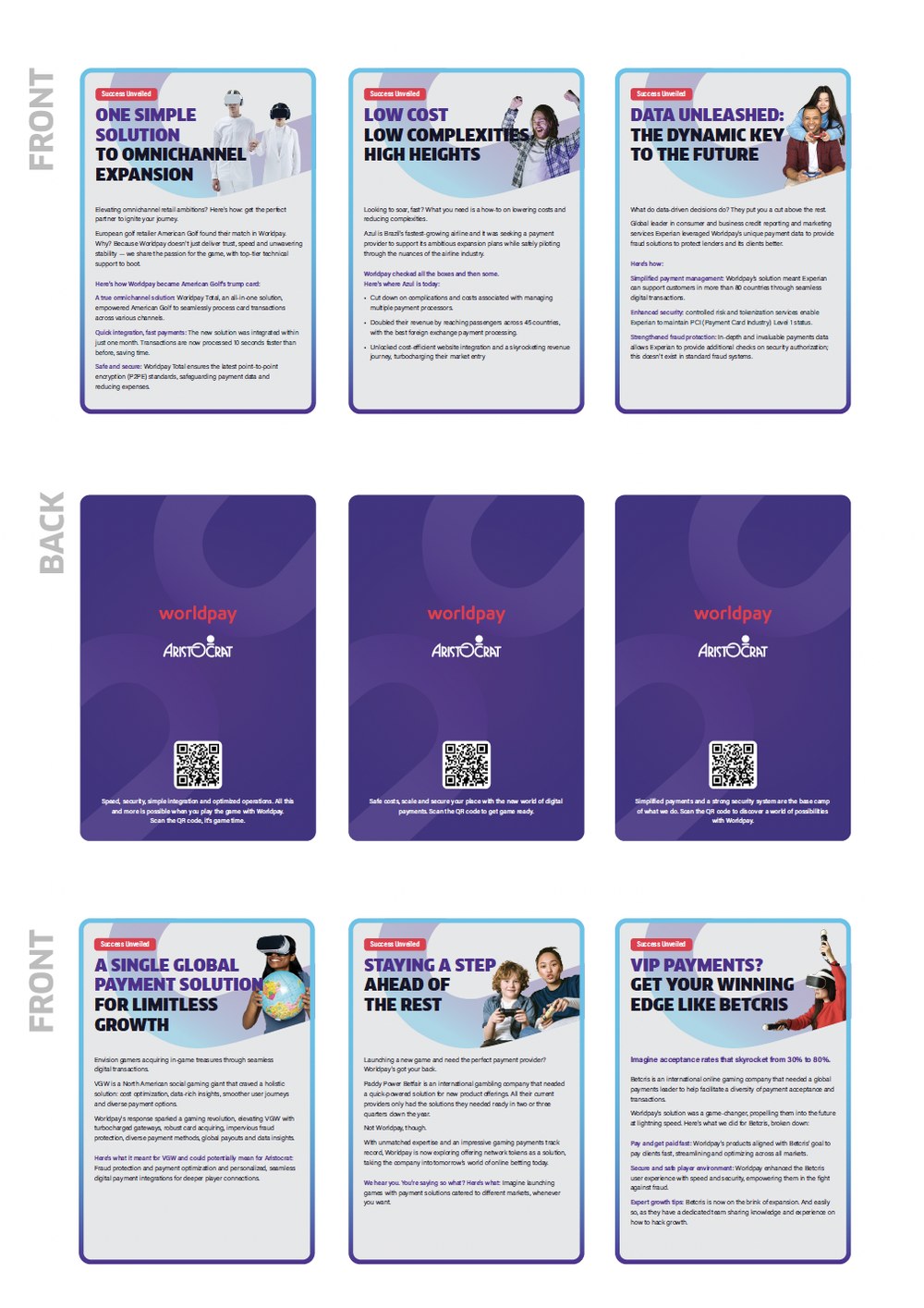 Success Unveiled card deck for Worldpay and Aristocrat, fronts and backs