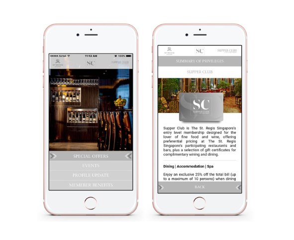 Supper Club mobile app screens: the offers menu and the summary of membership privileges