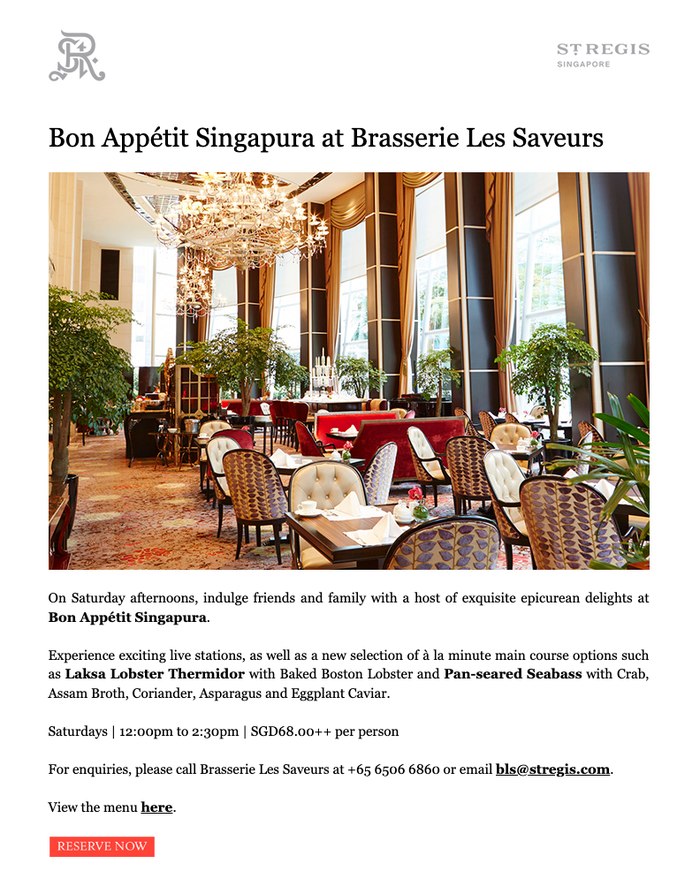 Supper Club campaign email for The St. Regis Singapore