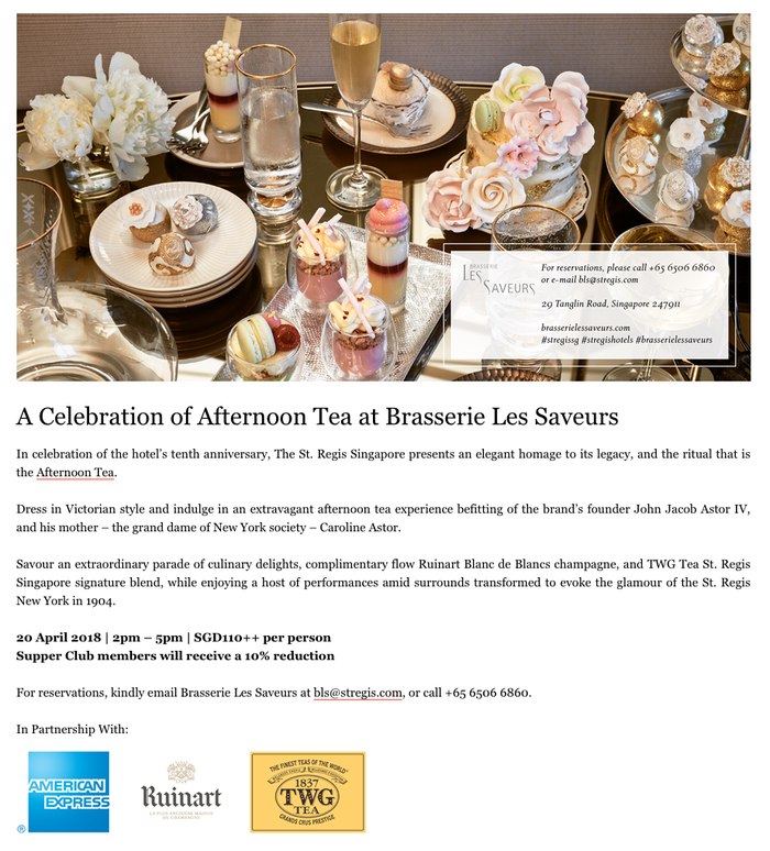 Supper Club campaign email for The St. Regis Singapore
