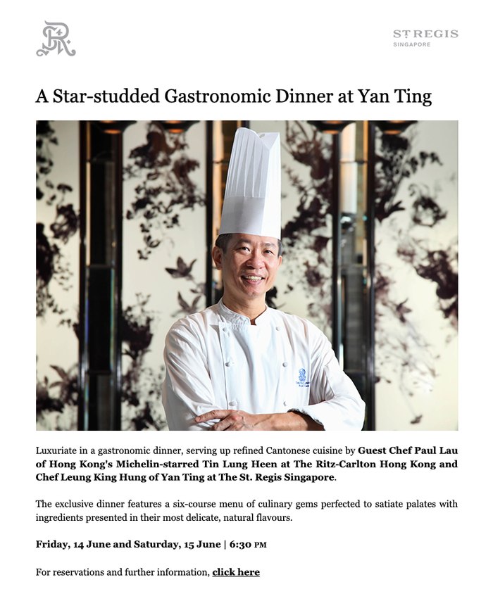 Supper Club campaign email for The St. Regis Singapore
