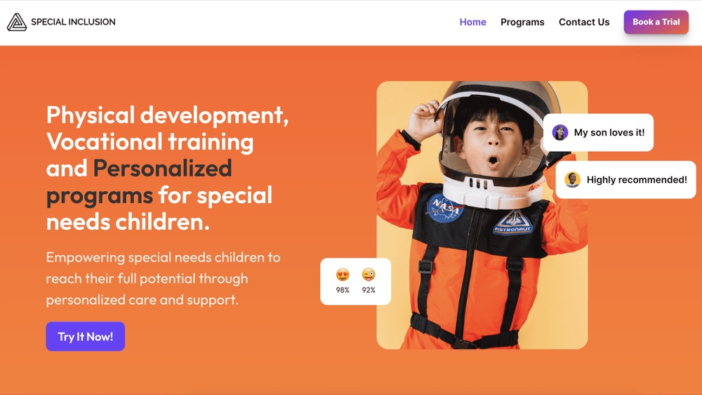 Website designed for a special-needs education programme covering physical development, vocational training and personalised learning