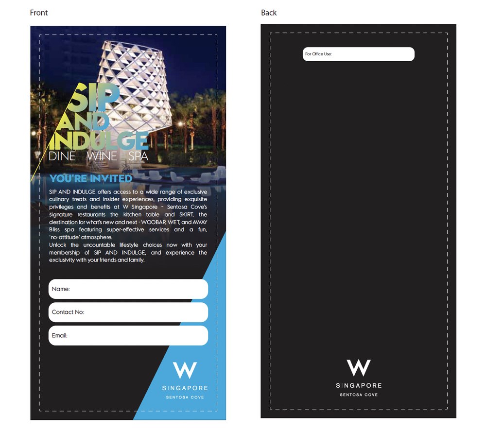Sip and Indulge billfold, front and back, with the membership invitation and sign-up fields