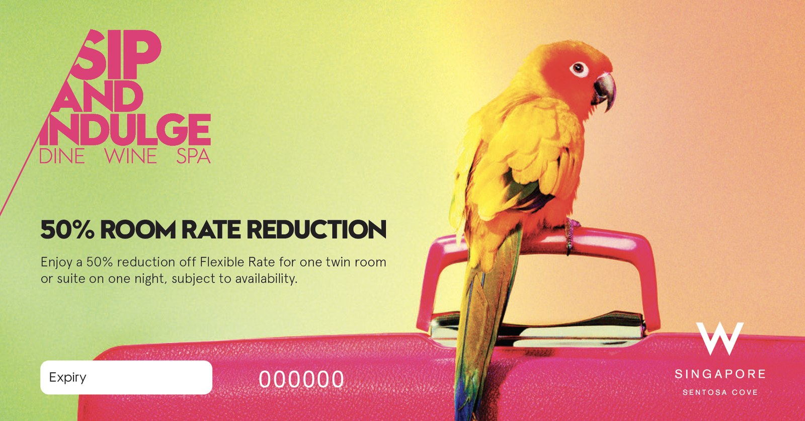 Sip and Indulge certificate: 50% room rate reduction, with the programme lockup and a parrot on a pink suitcase