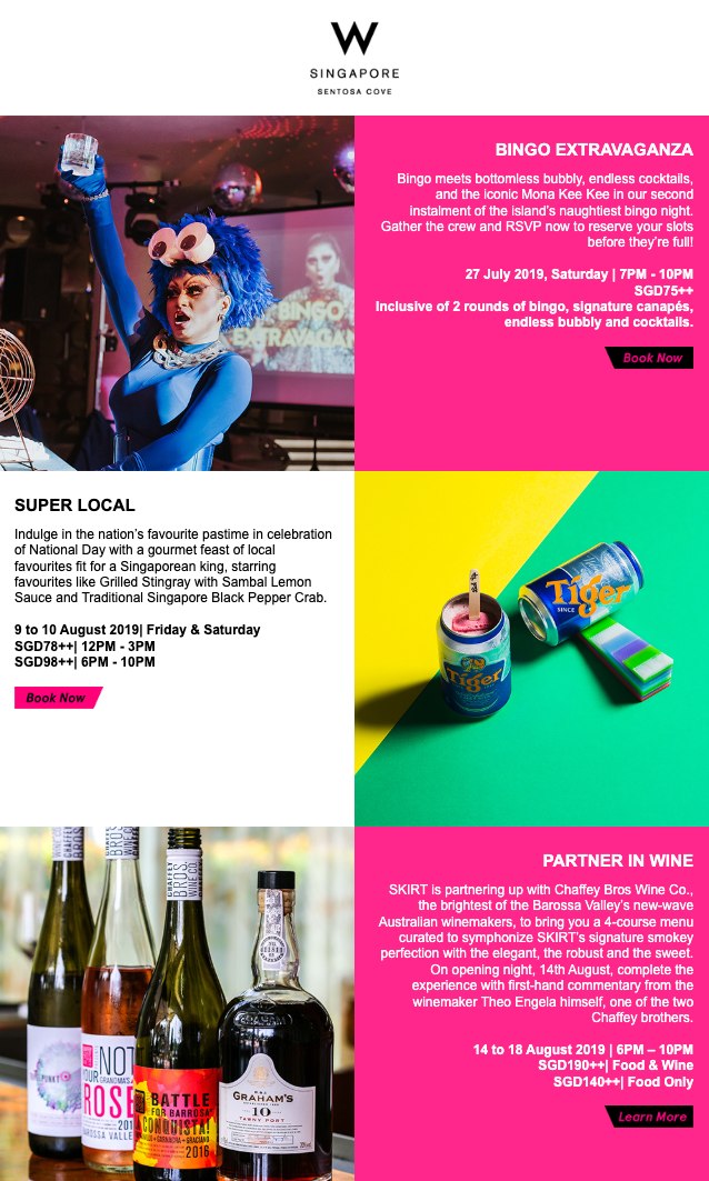 Sip and Indulge campaign email for W Singapore Sentosa Cove
