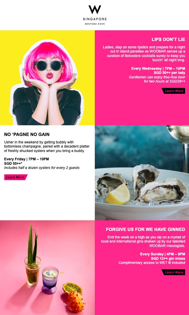 Sip and Indulge campaign email for W Singapore Sentosa Cove