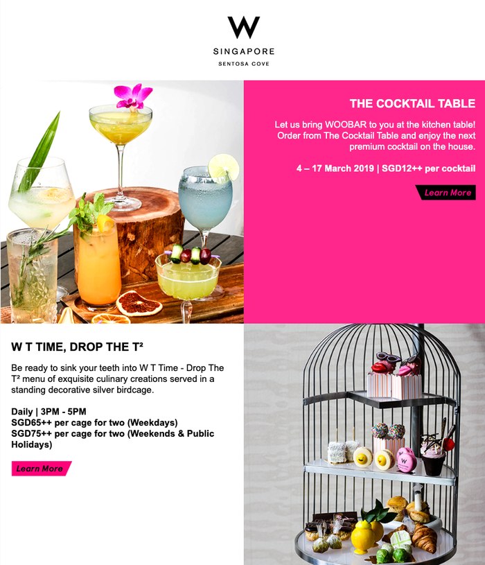 Sip and Indulge campaign email for W Singapore Sentosa Cove