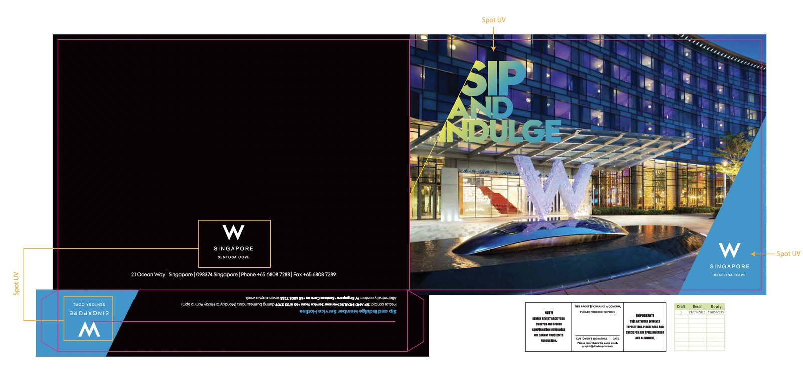 Sip and Indulge wallet production artwork, with spot UV areas marked over the hotel at night